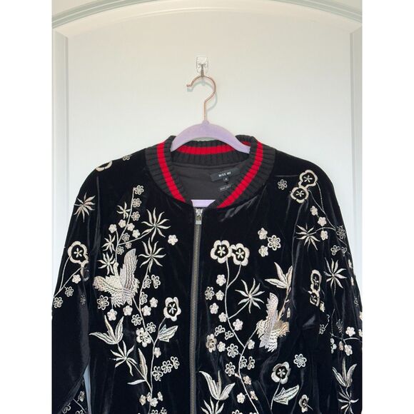 Miss Me Velour Embroidered Bomber Jacket Black with red trim Size Small - Picture 7 of 11